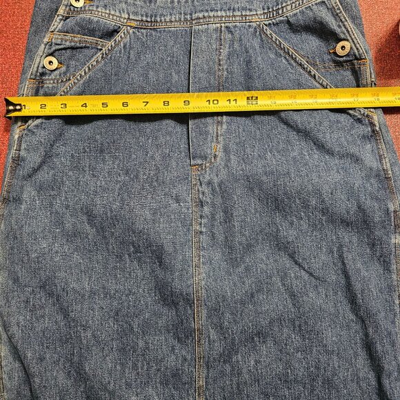 VTG 90s Express Bleus Denim Long Overall Dress M Modest Back Slit Patchwork - Picture 8 of 12